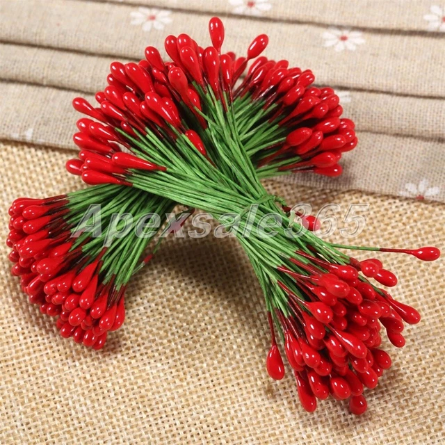 100stk. Rote Künstliche Blume Doppelte Köpfe Grüner Draht Basteln Schmuck Strauß