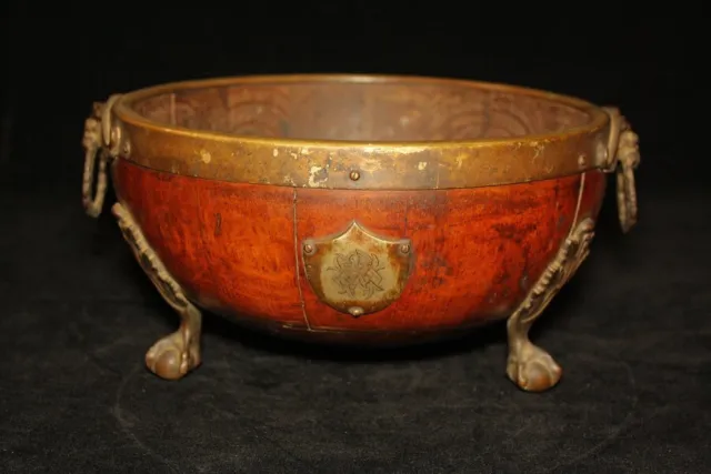 C1440  Antique Wooden Gothic-styled Bowl Container Hardwood & Brass 1800s France