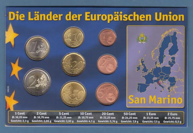 San Marino, kpl. Euro-Kursmünzensatz 1Cent - 2€uro 8 Nominale versch. Jahrgänge 2