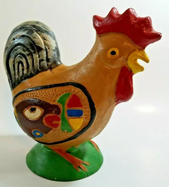 Vintage Mexican Folk Art Pottery Hand Painted Rooster Chicken Coin Bank Still 7"