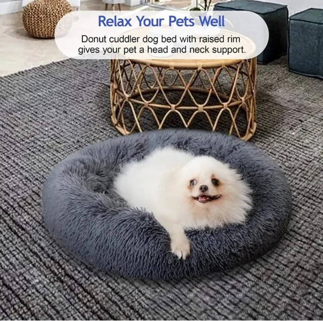 Donut Plush Pet Dog Cat Bed Fluffy Soft Warm Calming Bed Sleeping Kennel Nest 2