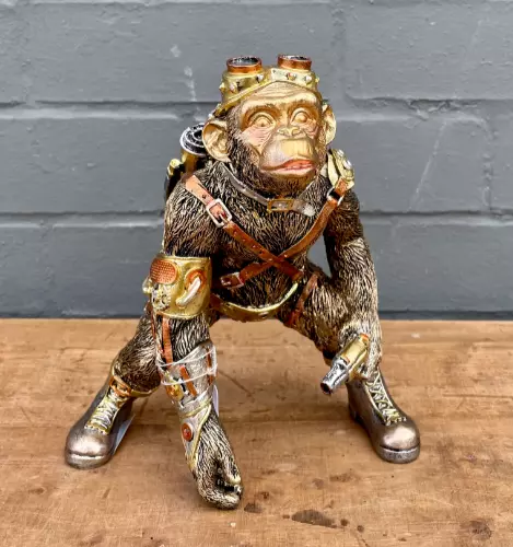 Gold Steampunk Monkey Pilot Sculpture Industrial Resin Jet Pack Animal Ornament