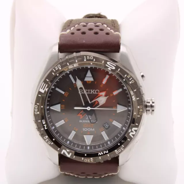 SEIKO PROSPEX KINETIC Gmt Stainless Steel Brown Leather Strap Mens ...