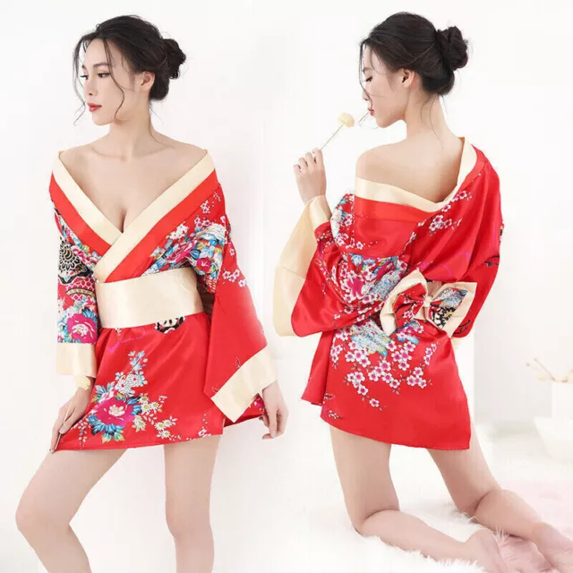 Women Sexy Lingerie Set Japanese Kimono Floral Costume Robe Sleepwear Clubwear 2