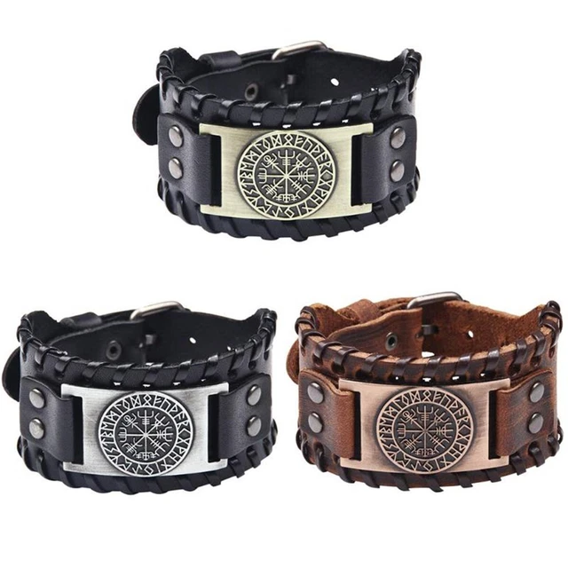 Men's Vintage Norse Viking Vegvisir Rune Leather Cuff Wristband Bracelet Jewelry