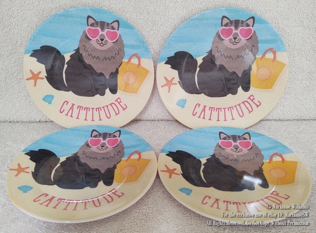 4 New 6" Melamine Tidbit Side Dish Plate Cat Kitty At The Beach House Cattitude