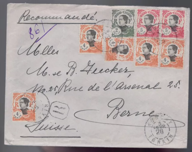 Gel. Brief von TONKIN in die Schweiz 1929 als Mischfrankatur