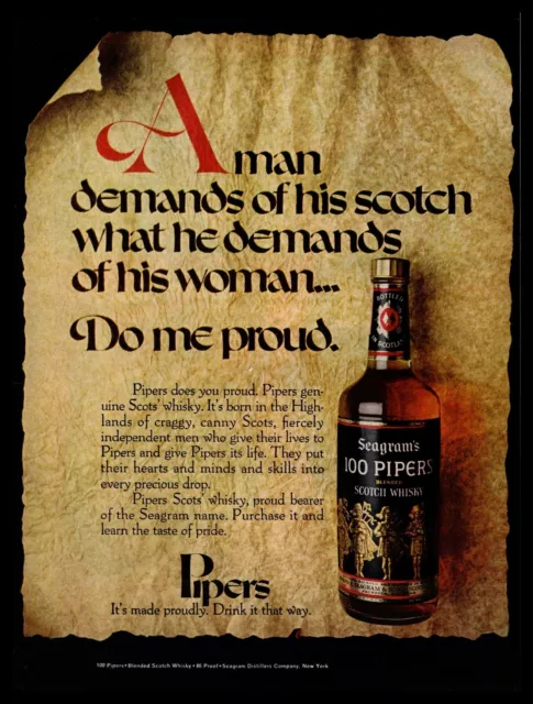 1970 Seagram's 100 Pipers Man Demands Of His Scotch As He Does A Woman Print Ad