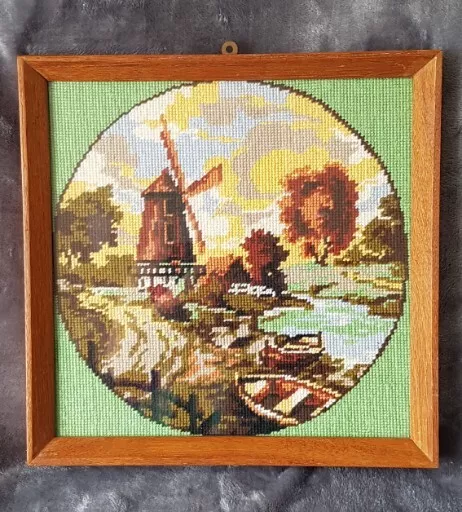 Vintage Cottagecore Land Windmühle Kreuzstich fertiger Wandteppich Eiche Rahmen