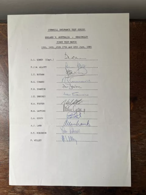 Ashes - England Team sheet v Australia 1985 Headingly Test - hand signed,