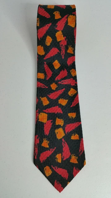 Pre-owned Boss Hugo Boss Black Red Orange Geometric Silk Tie 58” L x 4" W T580