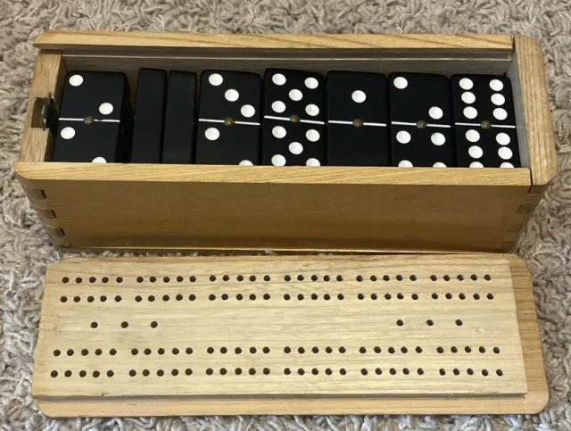 Vintage Dominoes Cribbage Board Set Dovetail Wooden Box Double 6 Bakelite?