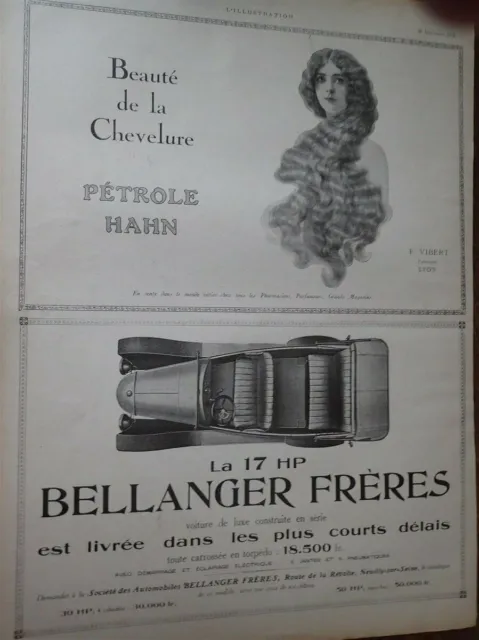 BELLANGER 10 HP auto + PETROLE HAHN + D'ORSAY pub papier ILLUSTRATION NOEL 1919