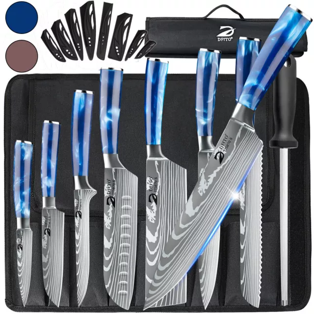 Pro Kitchen Knives Set Chef Knife Stainless Steel Damascus w/ Sharpener With Bag