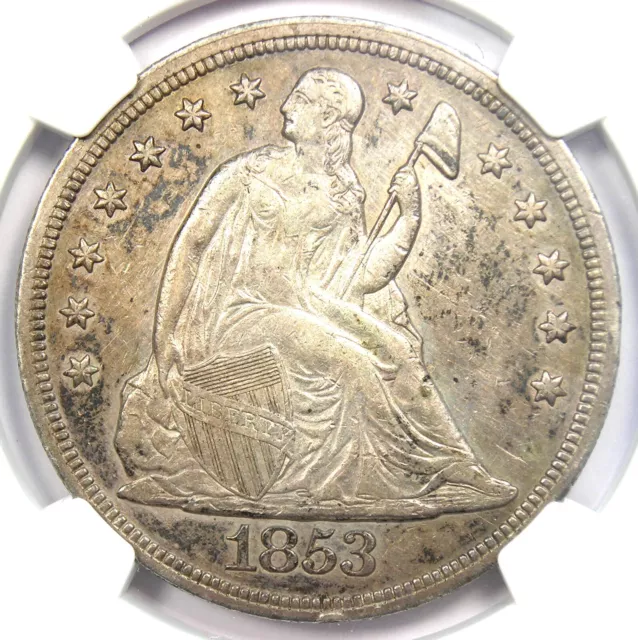 1853 Seated Liberty Silver Dollar $1 Coin - Certified NGC AU Details - Rare Date