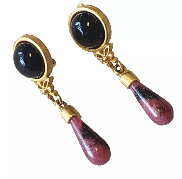 Ann Taylor Rhodonite Pink Black Stone Matte Gold Tone Vintage Clip-on Earrings
