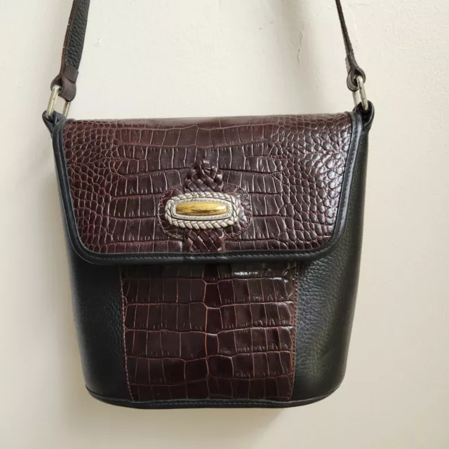 BRIGHTON Shoulder Bag Women Leather Black Pebble Brown Croc Emboss Single Strap