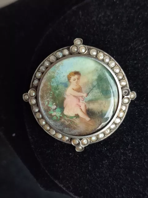 Ancienne Broche avec miniature, monture en argent