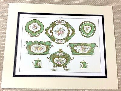 1988 Print French Green and White Tureen Platter Plate Antique Sevres Porcelain
