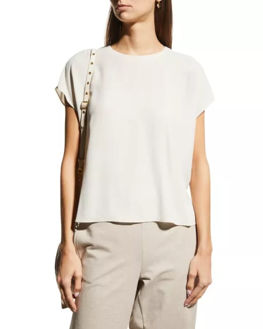 Nwt Eileen Fisher Bone Silk Georgette Crew Neck Top L $228 New