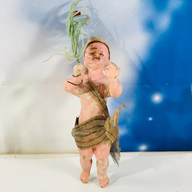 ANTIQUE BISQUE PAPER Mache Boy Holding Olive Branch Christmas Ornament