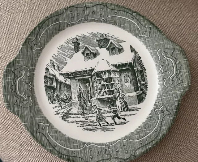 Vtg The Old Curiosity Shop Green Handled Serving  Platter Holiday/Winter Scene