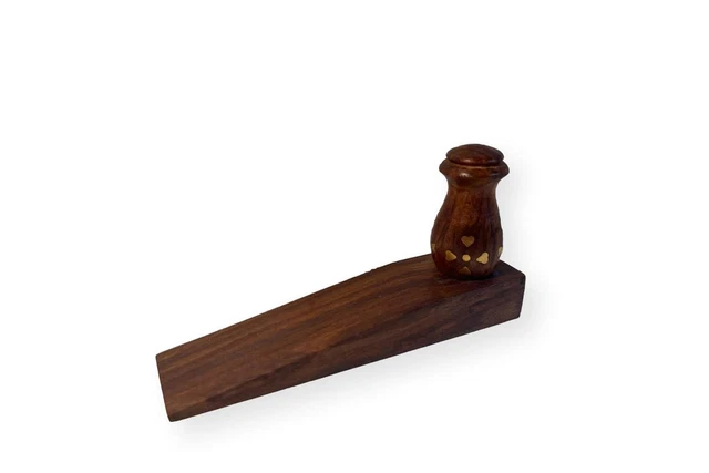 Wooden Wedge Door Stop With Brass Inlaid Hearts Decoration