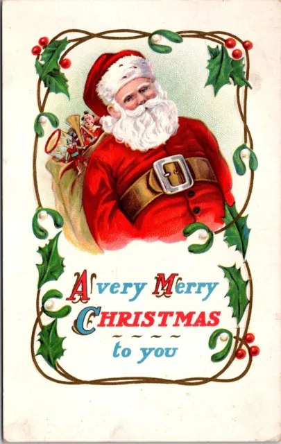 Christmas Santa Claus Toys Sack Holly Vine Border Embossed c1910s postcard P10