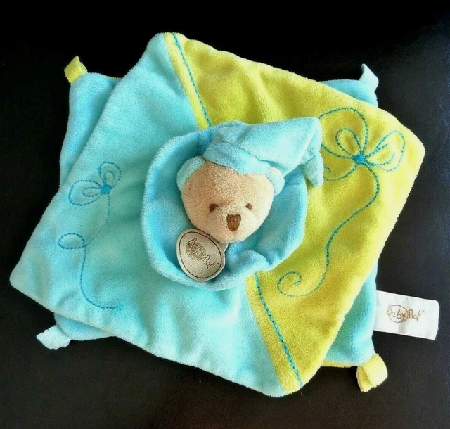 *. Doudou Plat Baby Nat Ours Bleu Vert Beige Cocarde Bonnet Spirale Exc. Etat