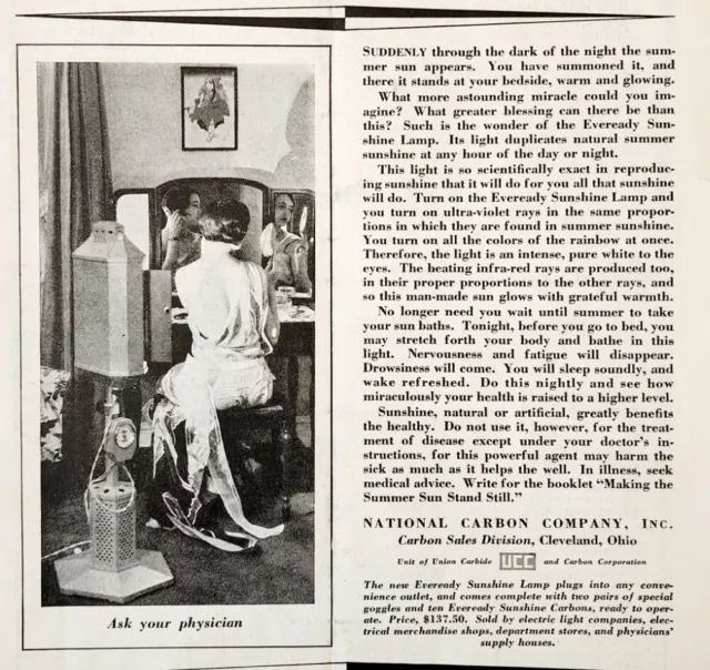 1929 Eveready Sunshine Lamp Carbons Advertisement Lighting Medical Ephemera