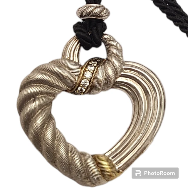 JUDITH RIPKA Sterling Silver CZ  Heart Pendant Black Leather Cord Necklace