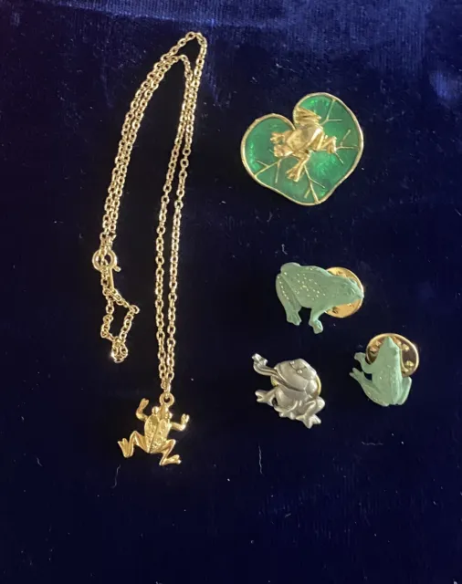 Vintage LOT of Pins Brooches Frog GOLDTONE Necklace Frog Charm Jiggler Pin