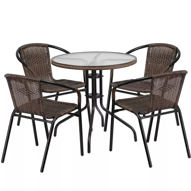 28'' Round Glass Metal Table with Dark Brown Rattan Edging and 4 Dark Brown R...