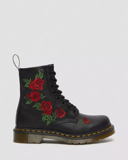 Dr.Martens Donna 1460 Vonda Floreale Rosa Pelle Stivali con Lacci IN Nero