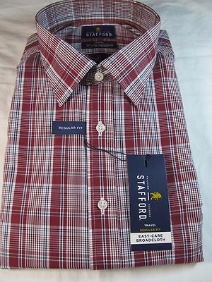 NWT STAFFORD EASY CARE BROADCLOTH  DRESS SHIRT LONG SLEEVE RED PLAID Reg. Fit