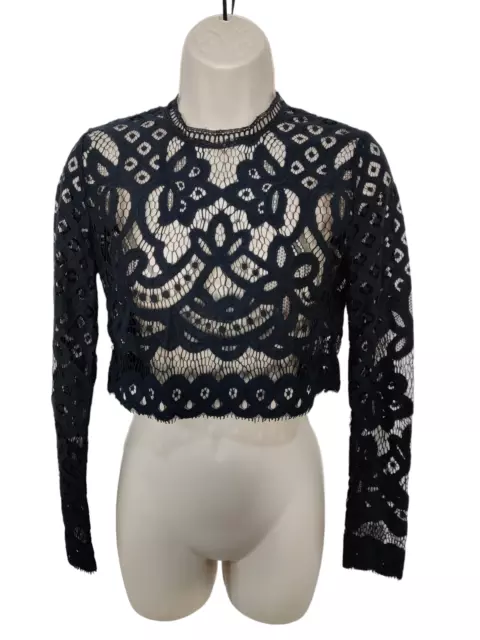 Womens Missguided Size Uk 6 Petite Black Long Sleeve Lace Crop Party Blouse Top