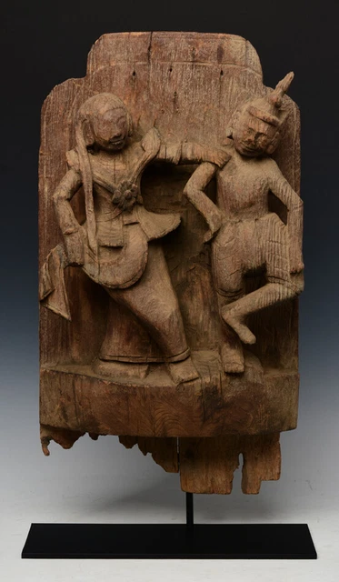 18th Century, Shan, Antique Burmese Wood Carving Panel with Figures