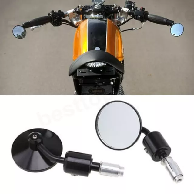 Motorcycle Black Rearview Mirrors 7/8" 1" Bar End For Cafe Racer Bobber Cruiser