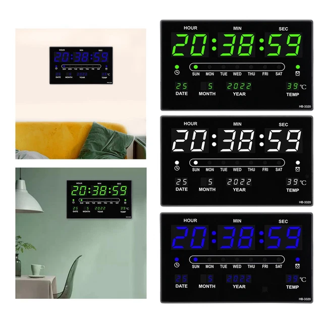 LARGE DIGITAL WALL Clock with Indoor Temperature Date and 24H LED ...