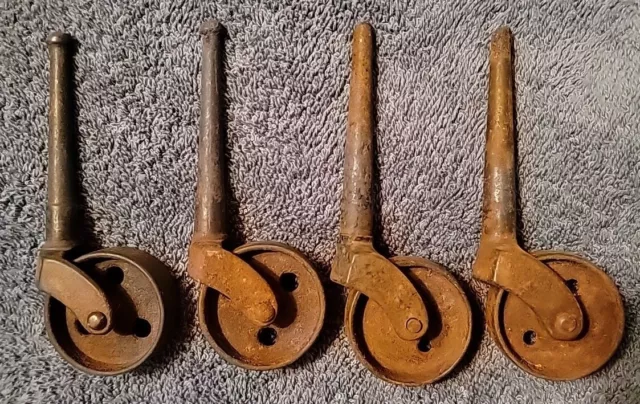 Set of 4 Original Antique Vintage Caster Wheels Heavy Duty Cast Iron 1 3/4" Dia.