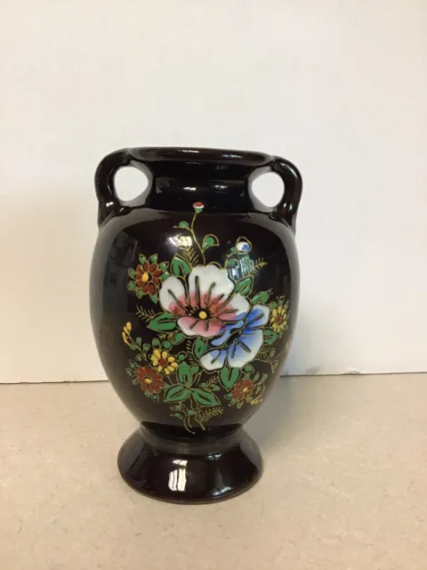 Vintage 5" Tashiro Shoten Japan Enameled Floral Ceramic Vase - Dark Brown Glaze