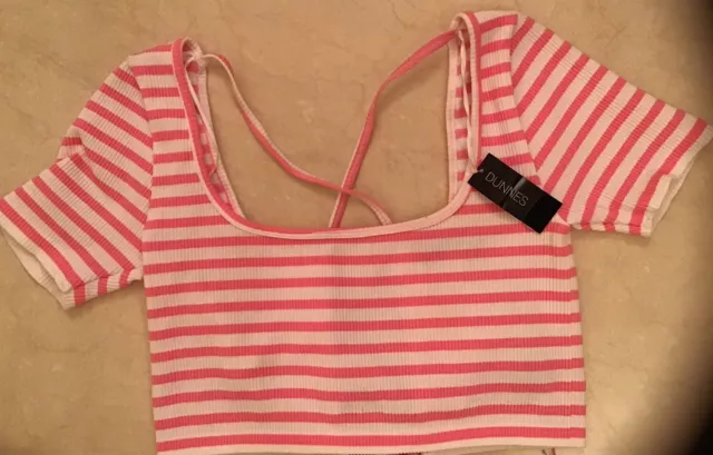 Dunnes Girls Pink And White Striped Cropped Top Size M/L Brand New