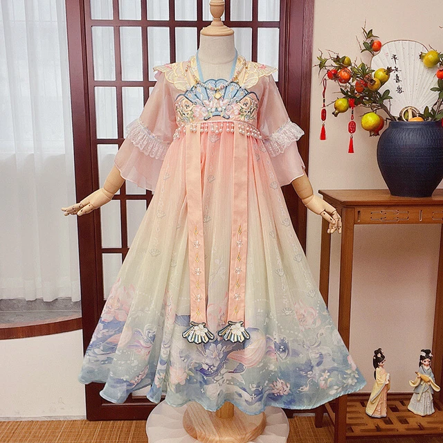 Ragazze Chiffon Manica Corta Hanfu Cinese Fairy Sirena Ricamo Ttang Costume