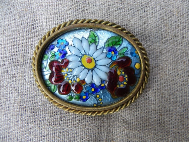 Hattie Carnegie Vintage Plaqué Or Vert Cabochon en Verre Émail Strass Broche