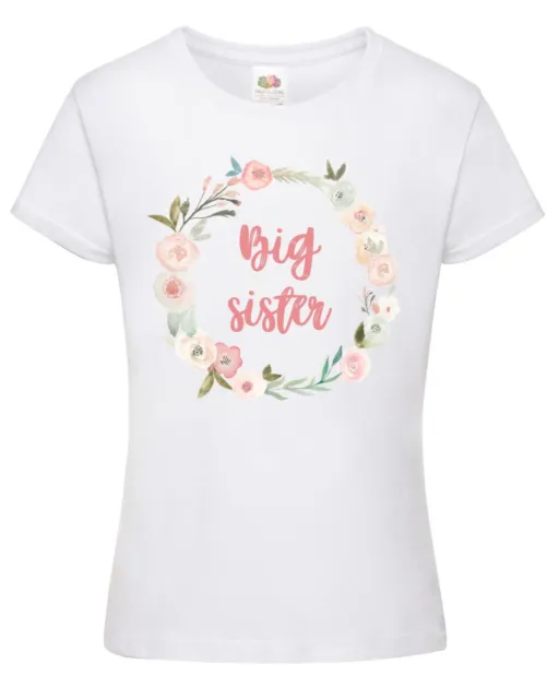 Big Sister Wreath Girls T-Shirt - Floral Printed Pregnancy Reveal Party Gift Top