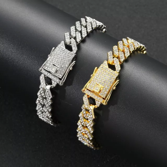 Mens 12MM Gold Plated Iced CZ Out Solid Miami Cuban Link Bracelet Hip Hop Jewely