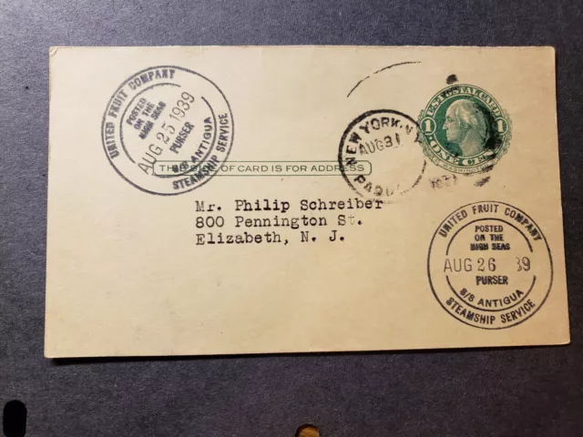 UNITED FRUIT Co Steamer SS ANTIGUA Naval Cover 1939 Postal card