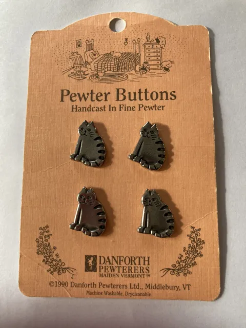 Vintage Danforth Pewter Cat Buttons Set of 4 On Card 1990