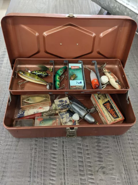 VINTAGE METAL TACKLE Box With Old Lures Heddon Etc $85.88 - PicClick