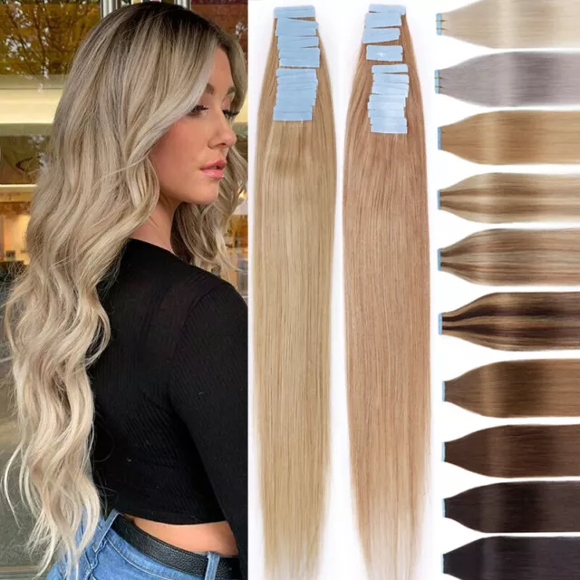 Tape In Remy Echthaar Extensions Haarverlängerung 40 Tressen Skin Weft Glatt 7A+